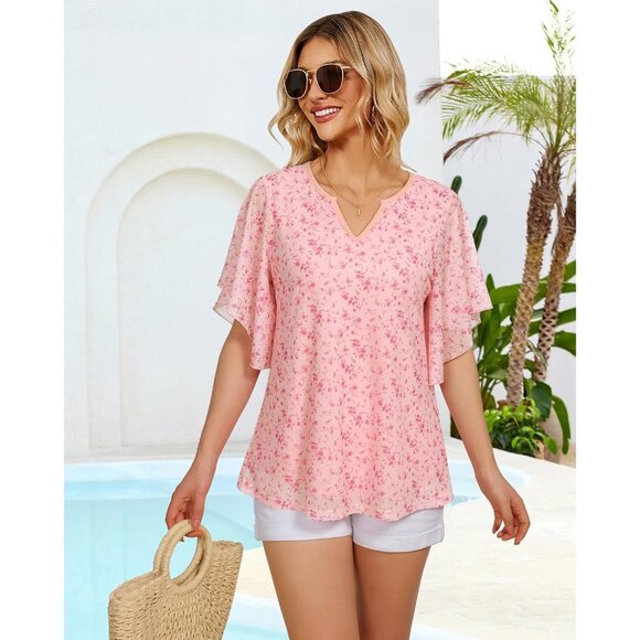 Women's Short Sleeve Tops Dressy Casual V Neck Double Layers Tunics Tops Pink - Picture 5 of 6